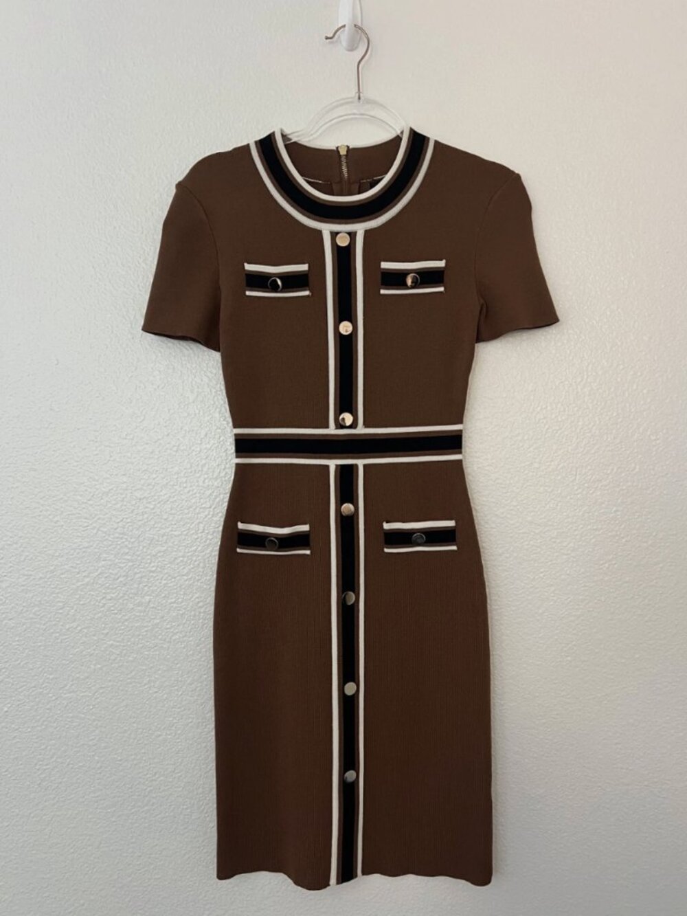 NWOT-Alexia Admor Knit Dress Chocolate Brown-White Knee Length Dress- Small